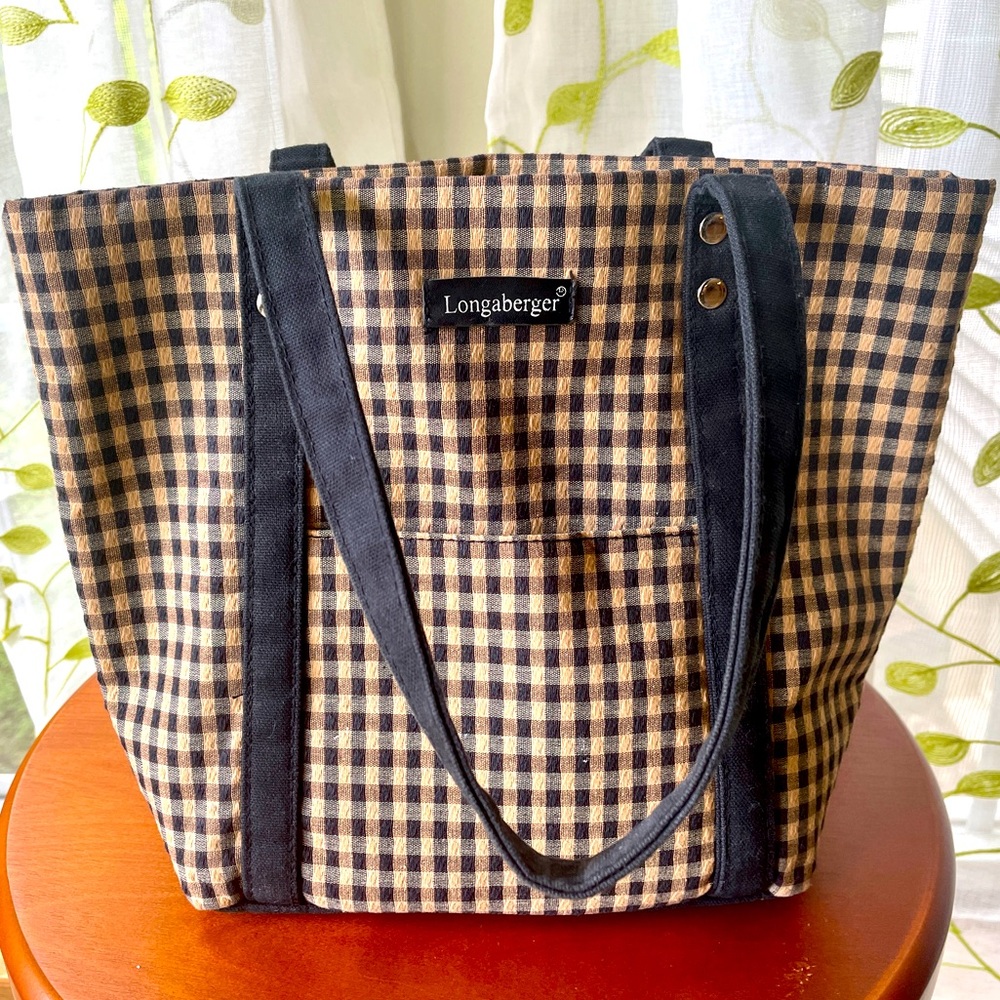 Longaberger Black/Tan/Beige Checkerboard Farmhouse Print Tote 11” X 16”